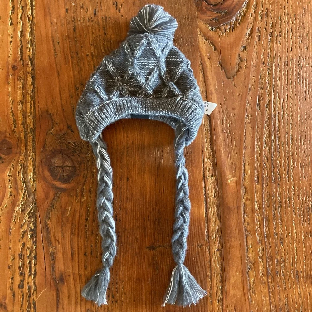 Dog Pom Pom Knit Hat, Size Small, Grey and White
